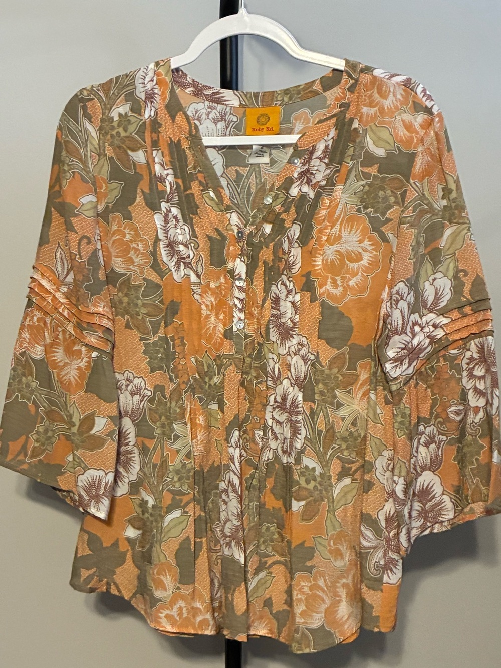 Ruby Rd. small Floral Orange and Olive Green Peasant Blouse